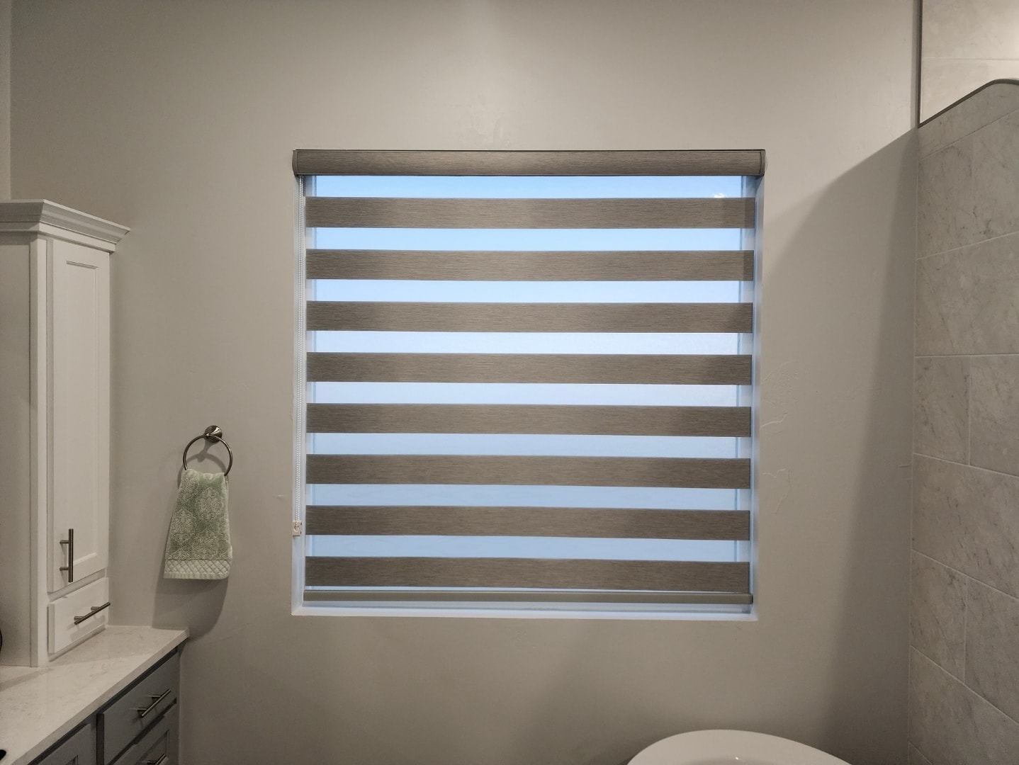 Gray zebra shades in a bathroom window